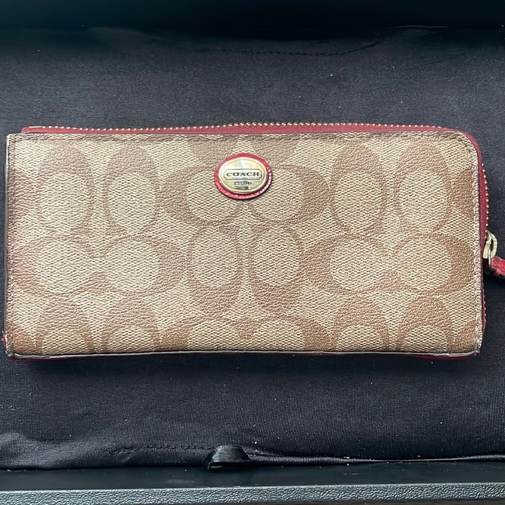 Leather Coach Long zip around Signature Canvas Wallet